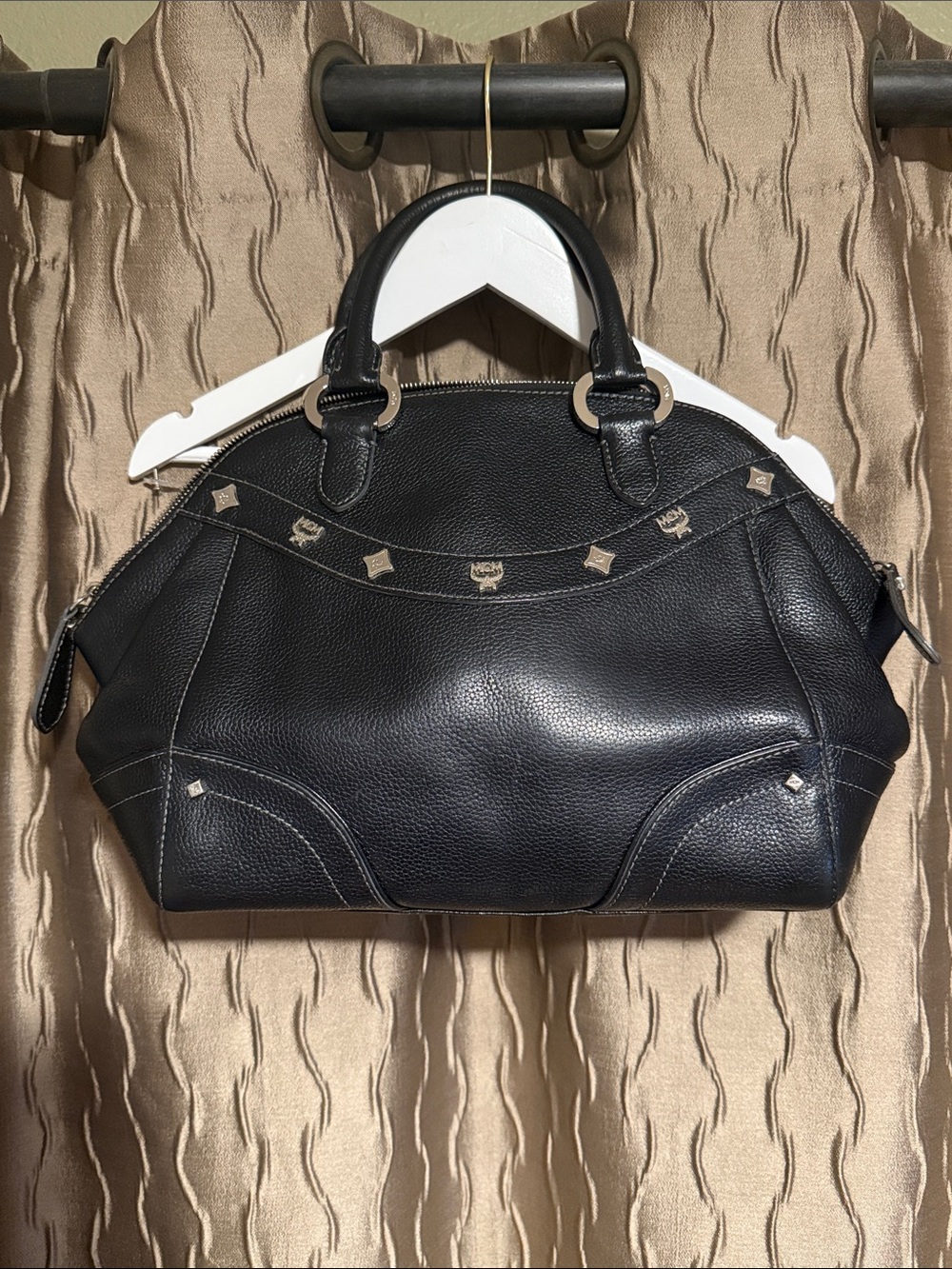 MCM Black Pebbled Leather Satchel with Signature Stud Accents